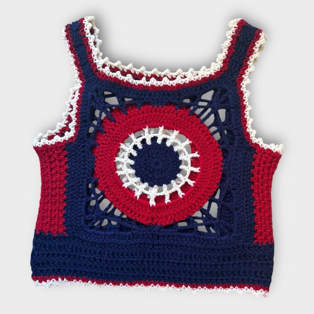 Vintage 1970s Crochet Crop Top Hippie Boho Festival Navy & Burgundy Womens Small